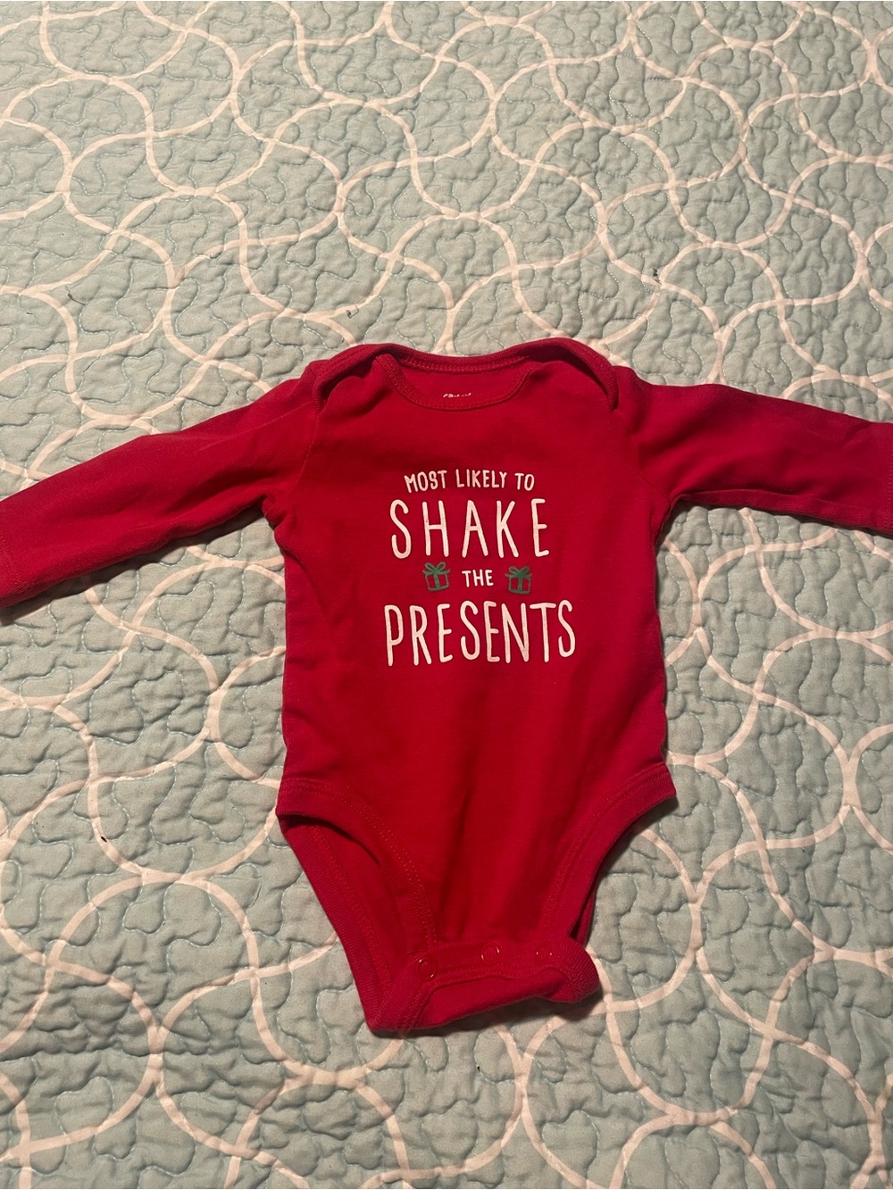 Carter's Red Long-Sleeve One-Piece "Most Likely to Shake the Presents"